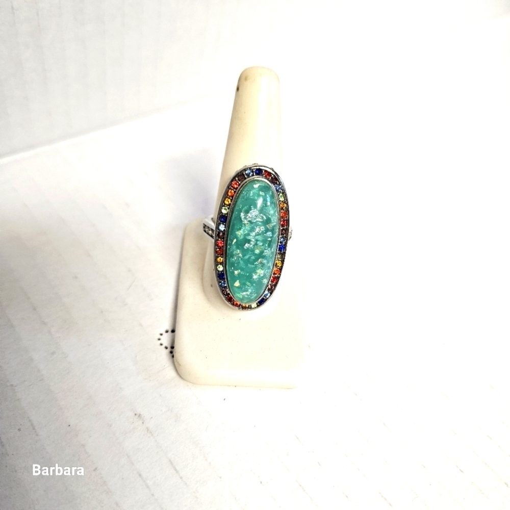 Elongated Faux Opal Multi-colored Crystals Statement Cocktail Ring, Size 9